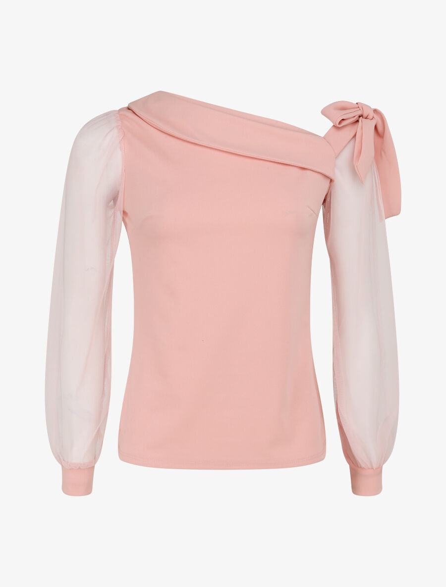Top à manches en tulle et détail noeud - Rose pâle - 4