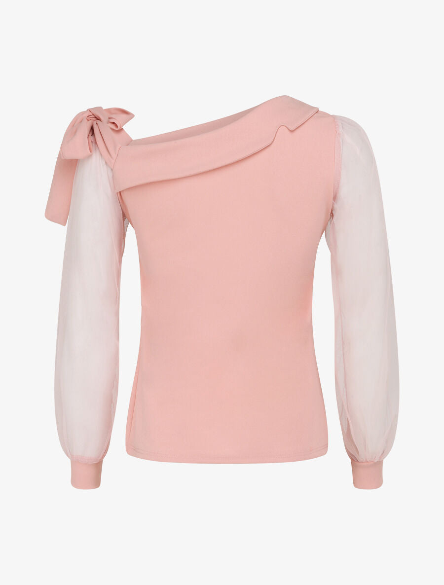 Top à manches en tulle et détail noeud - Rose pâle - 2