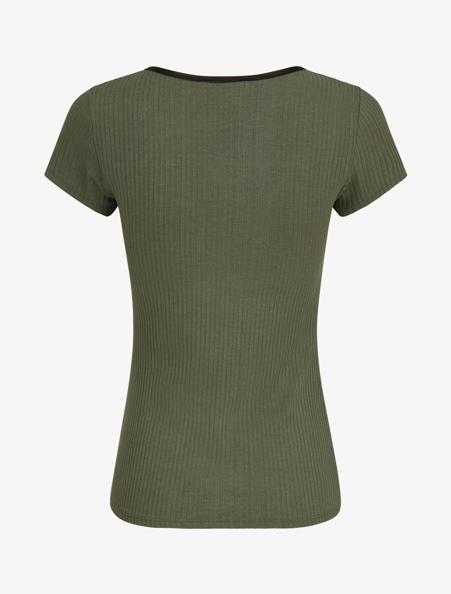 T-shirt slim uni côtelé - Kaki - 2