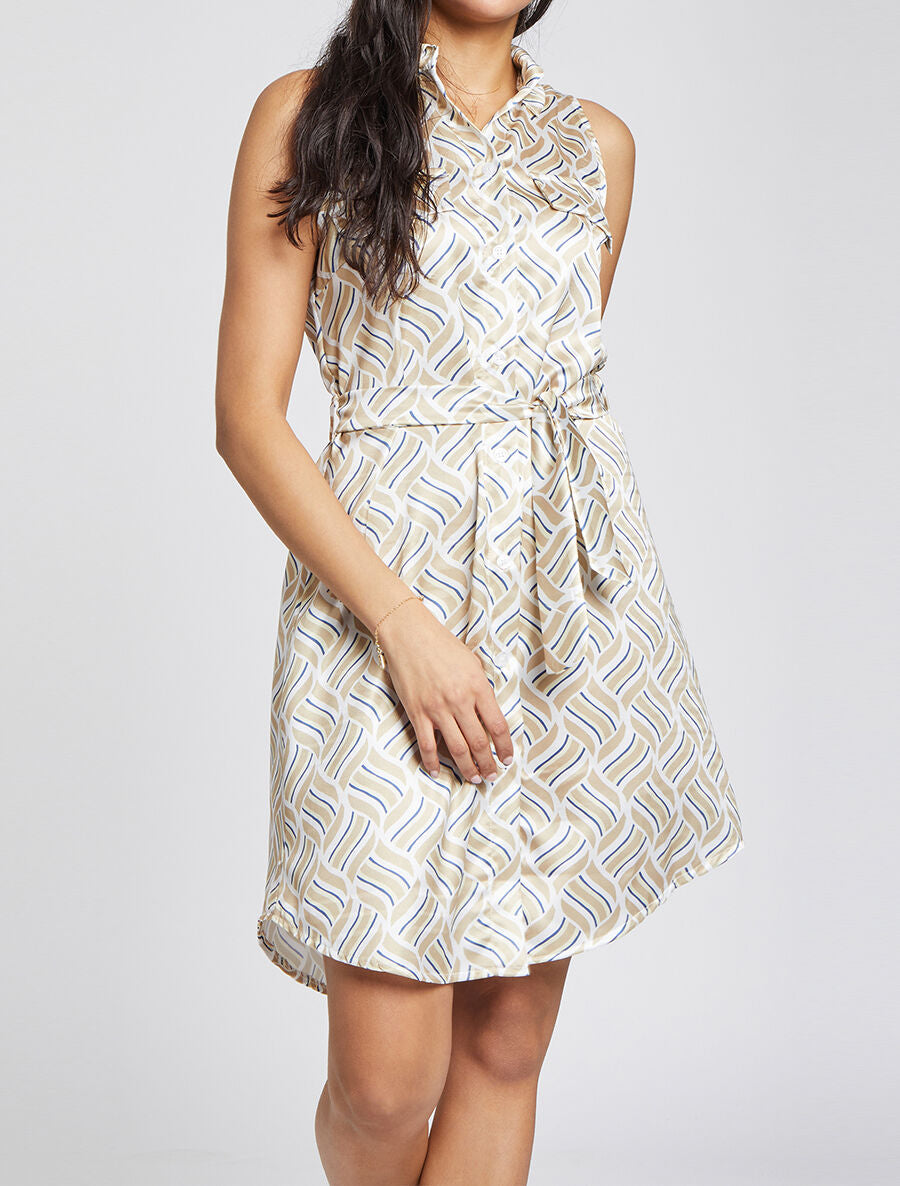 Robe chemise droite sans manches imprimé graphique - Beige - 4