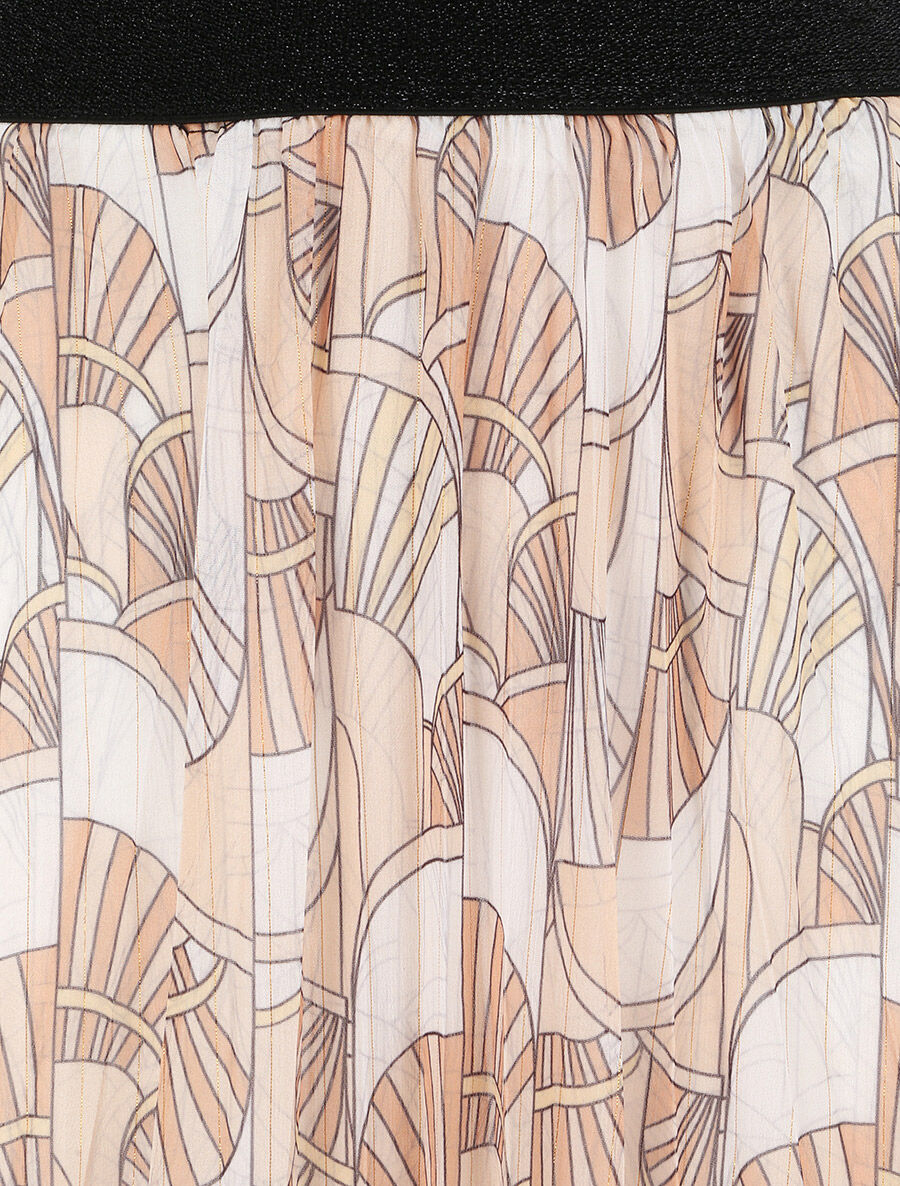 Jupe plissée mi-longue évasée imprimé éventails stylisés - Beige - 3