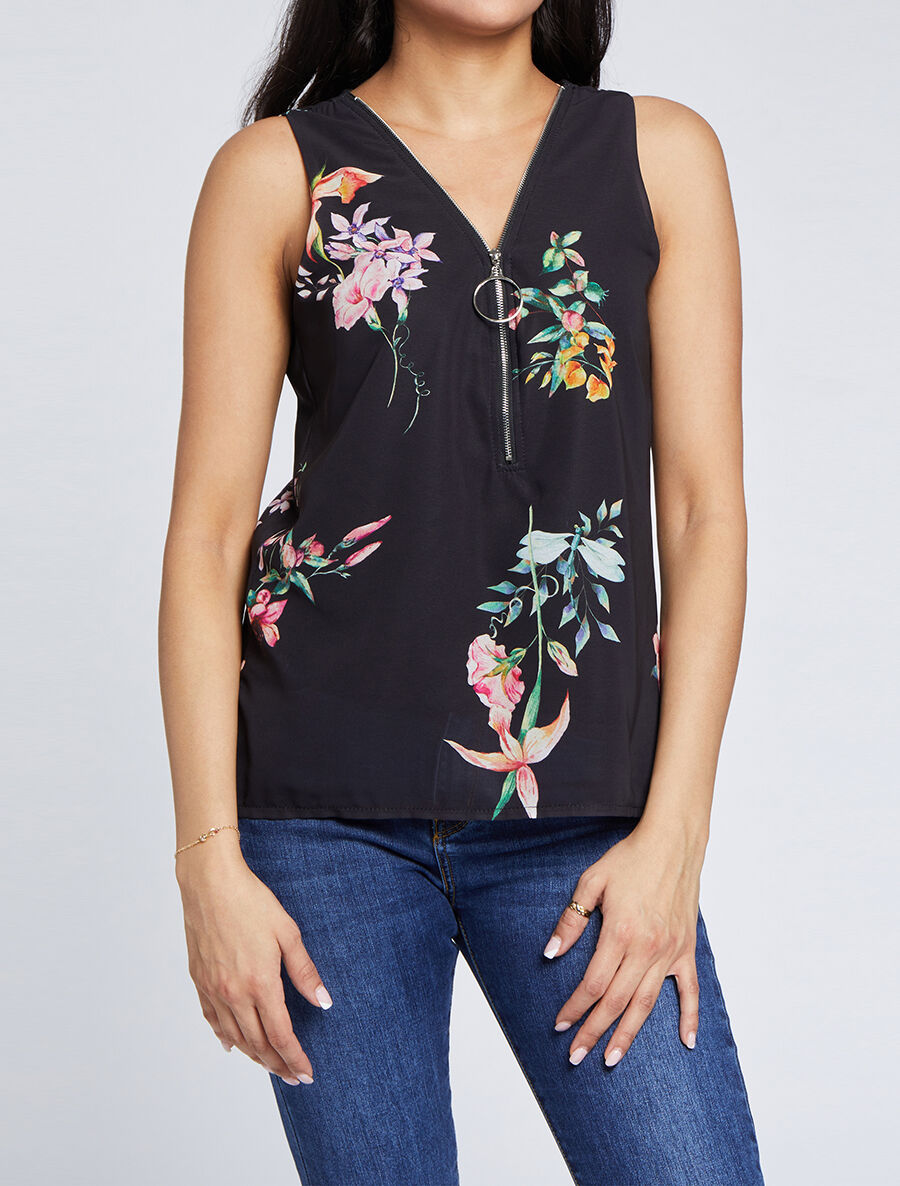 Top droit fleuri à col zippé - Noir - 4