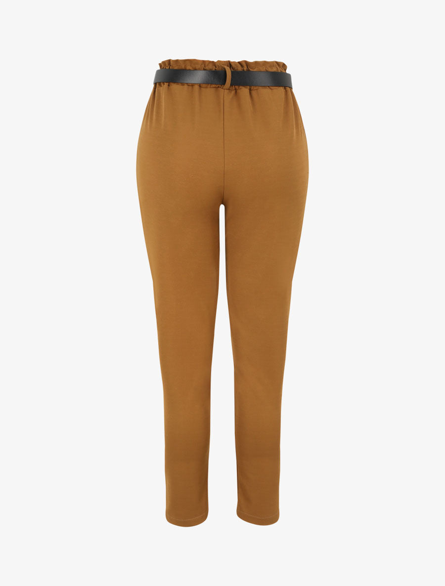 Pantalon droit uni à taille haute froncée - Camel - 2