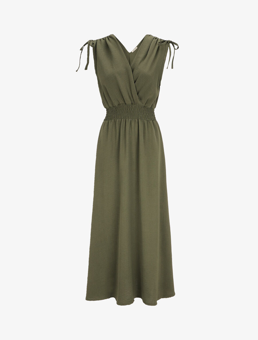 Robe longue cache-coeur à taille élastiquée - Kaki - 1