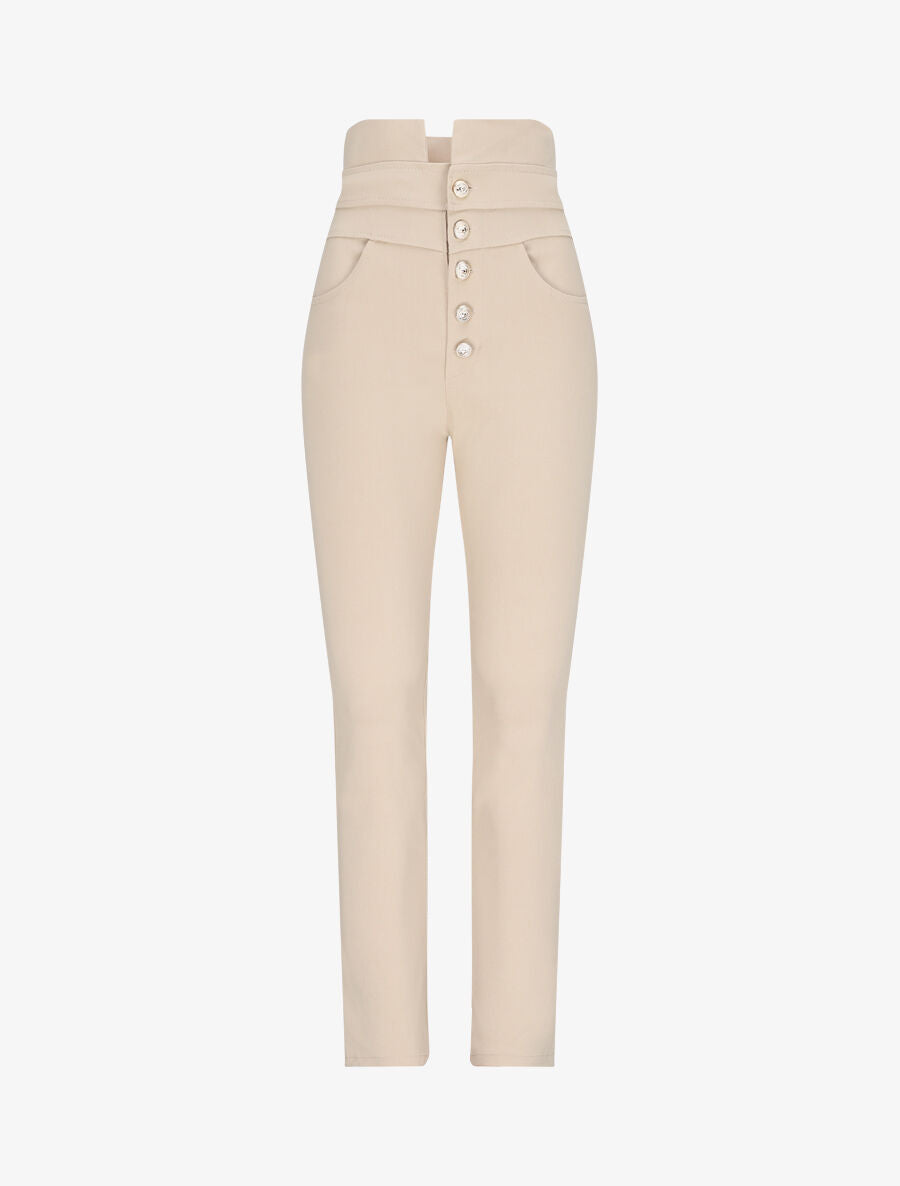 Pantalon slim taille haute à boutons dorés - Beige - 3
