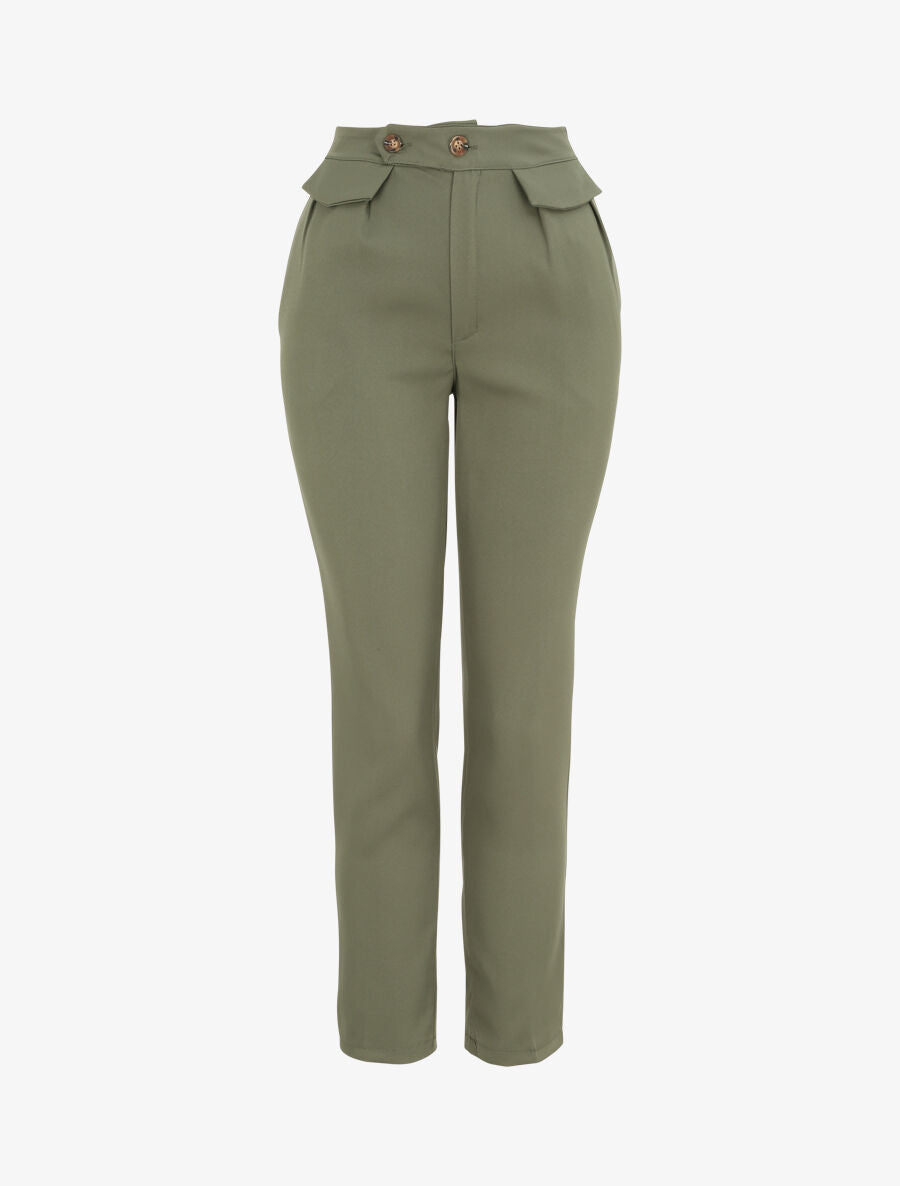 Pantalon carotte taille haute uni - Kaki - 1