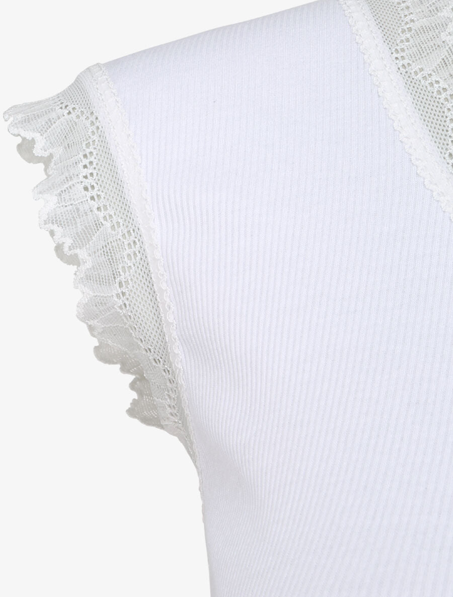 Top droit côtelé à bords en dentelle - Blanc - 3