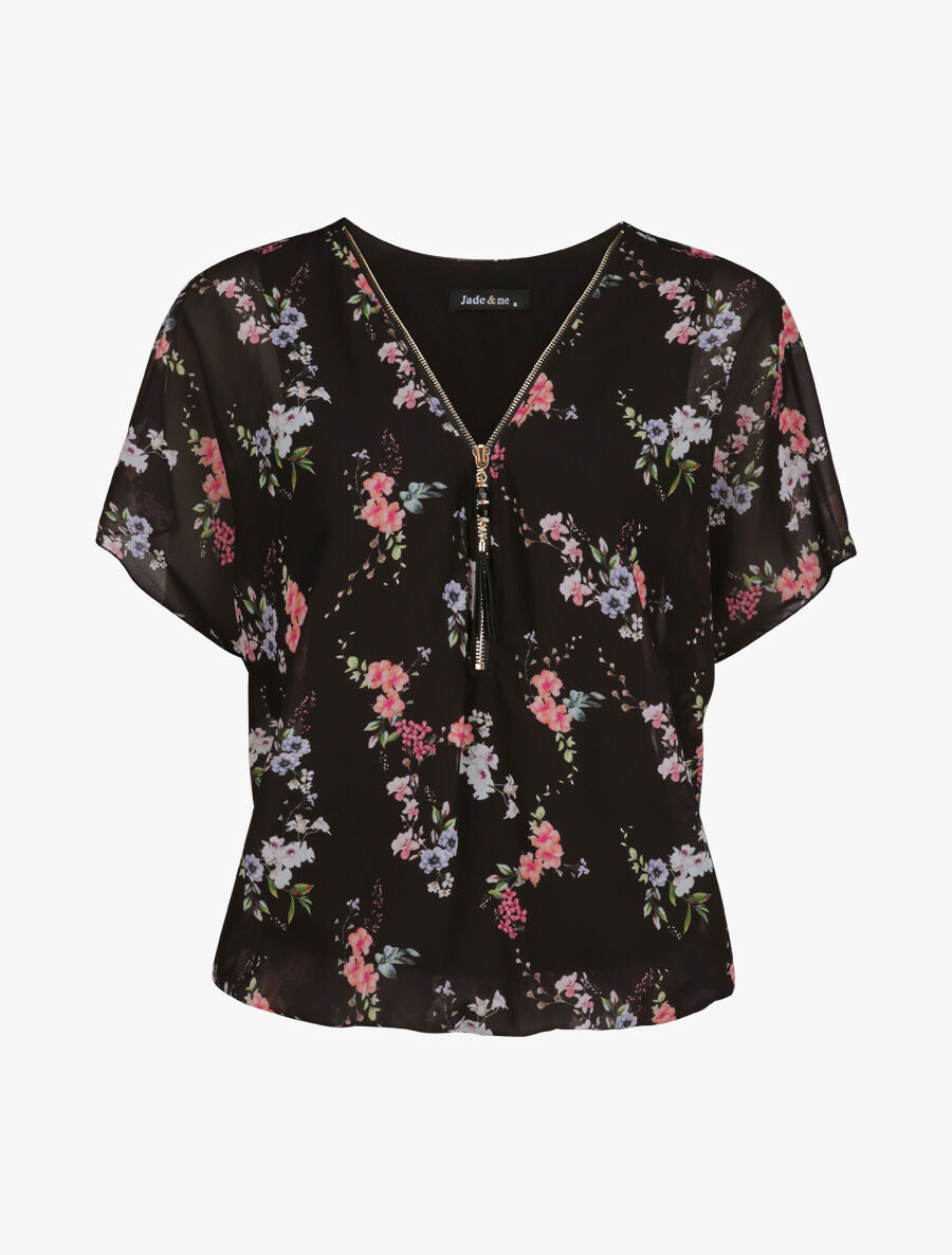 Top boule imprimé fleurs printanières à zip - Noir - 1