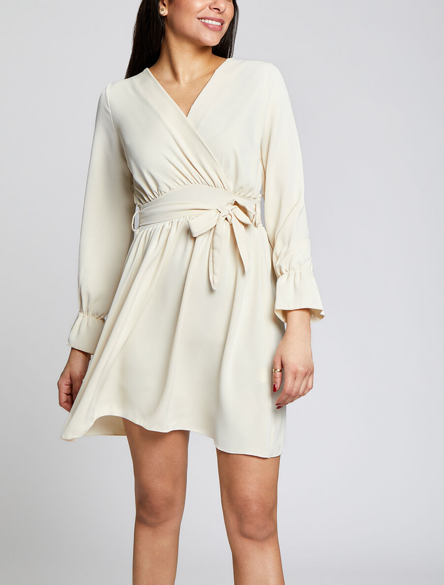 Robe courte patineuse à col cache-coeur - Beige - 4