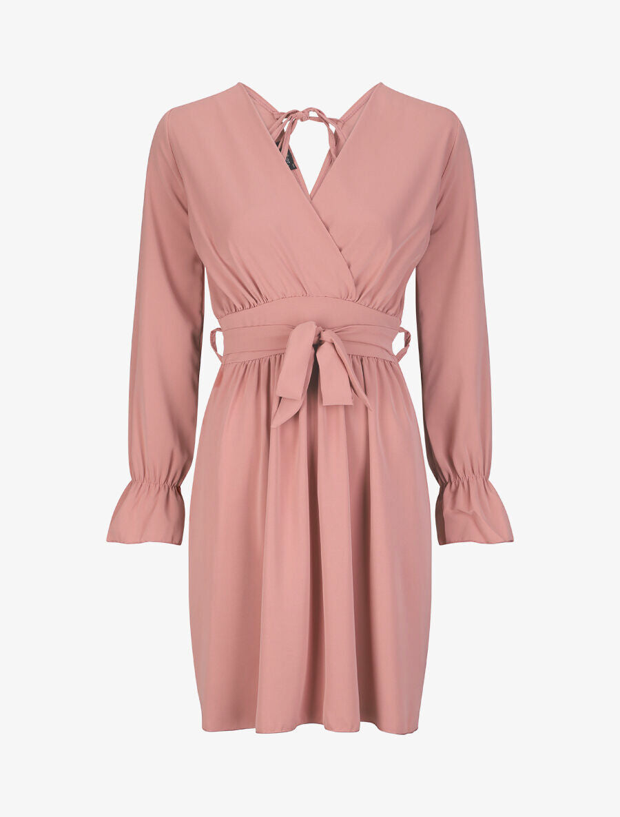 Robe courte patineuse à col cache-coeur - Rose - 1