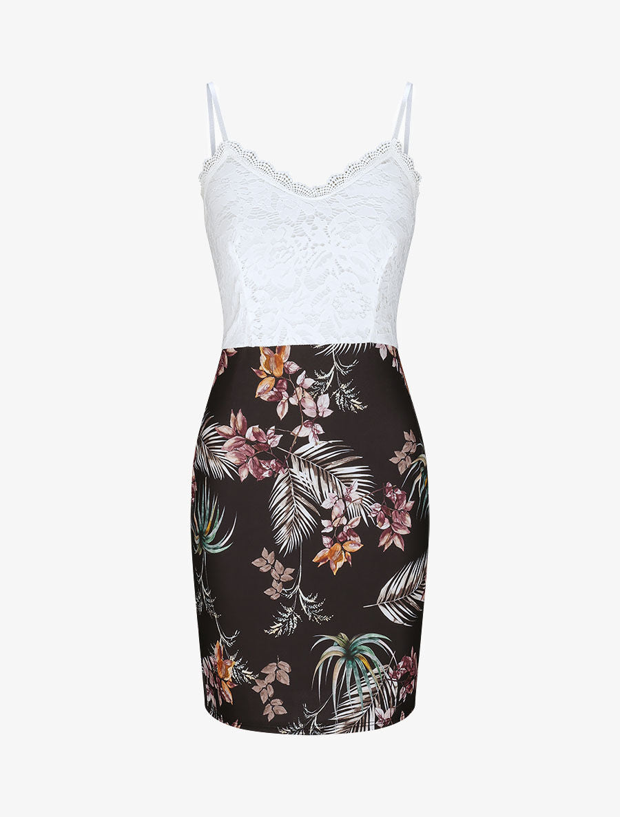 Robe droite à imprimé feuilles tropicales - Noir - 1
