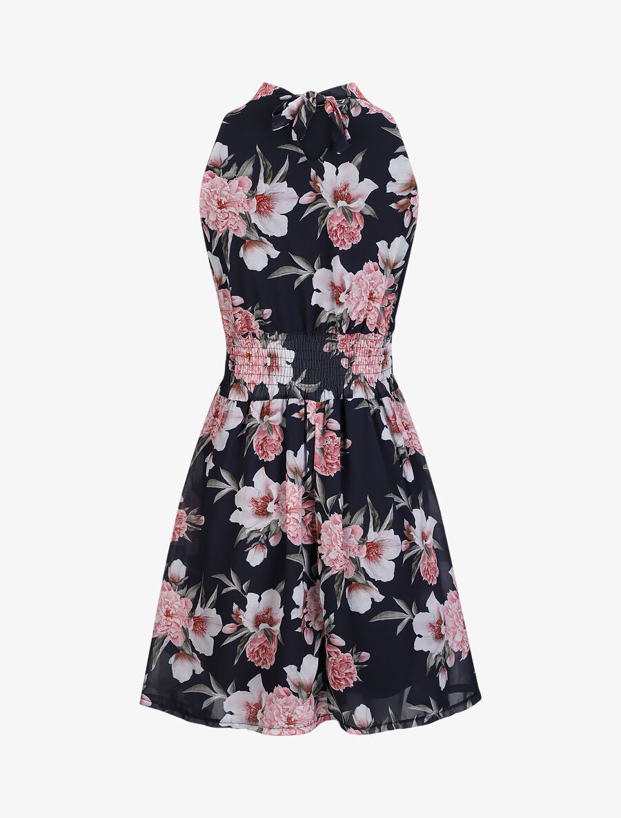 Robe patineuse courte sans manches imprimé pivoines - Marine - 2