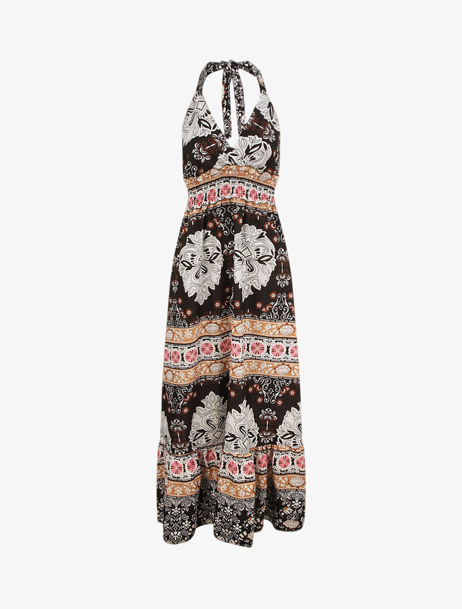 Robe longue dos nu imprimé mosaïque - Noir - 1