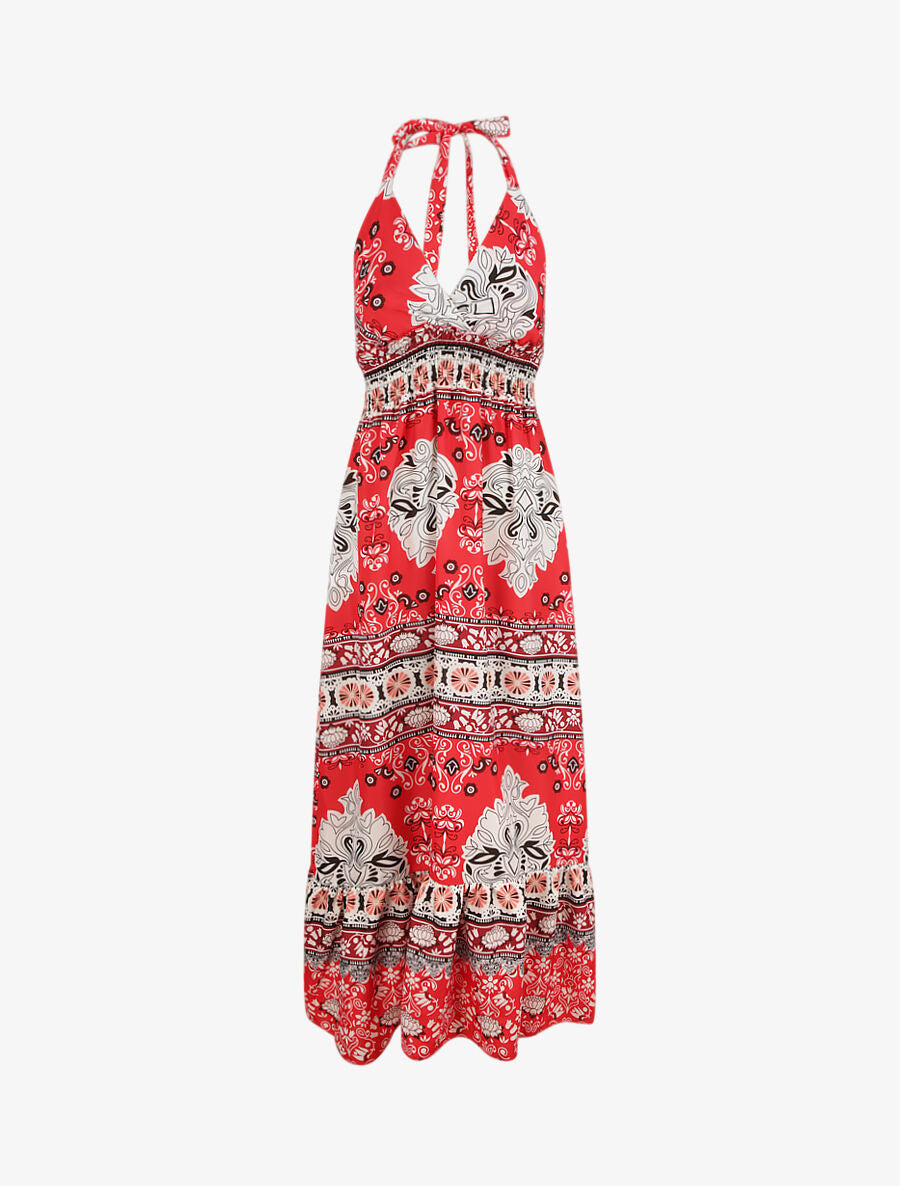 Robe longue dos nu imprimé mosaïque - Rouge - 5