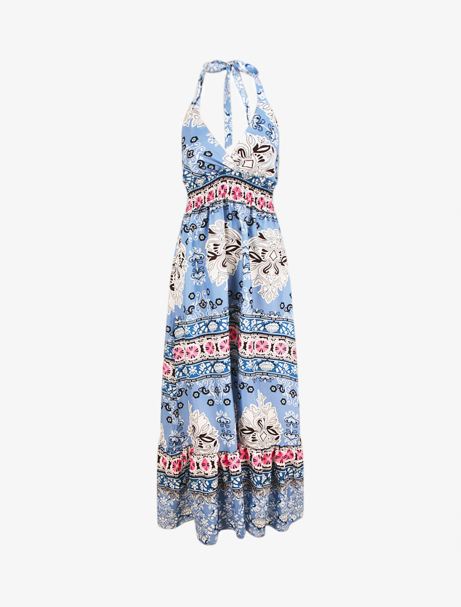 Robe longue dos nu imprimé mosaïque - Bleu - 1