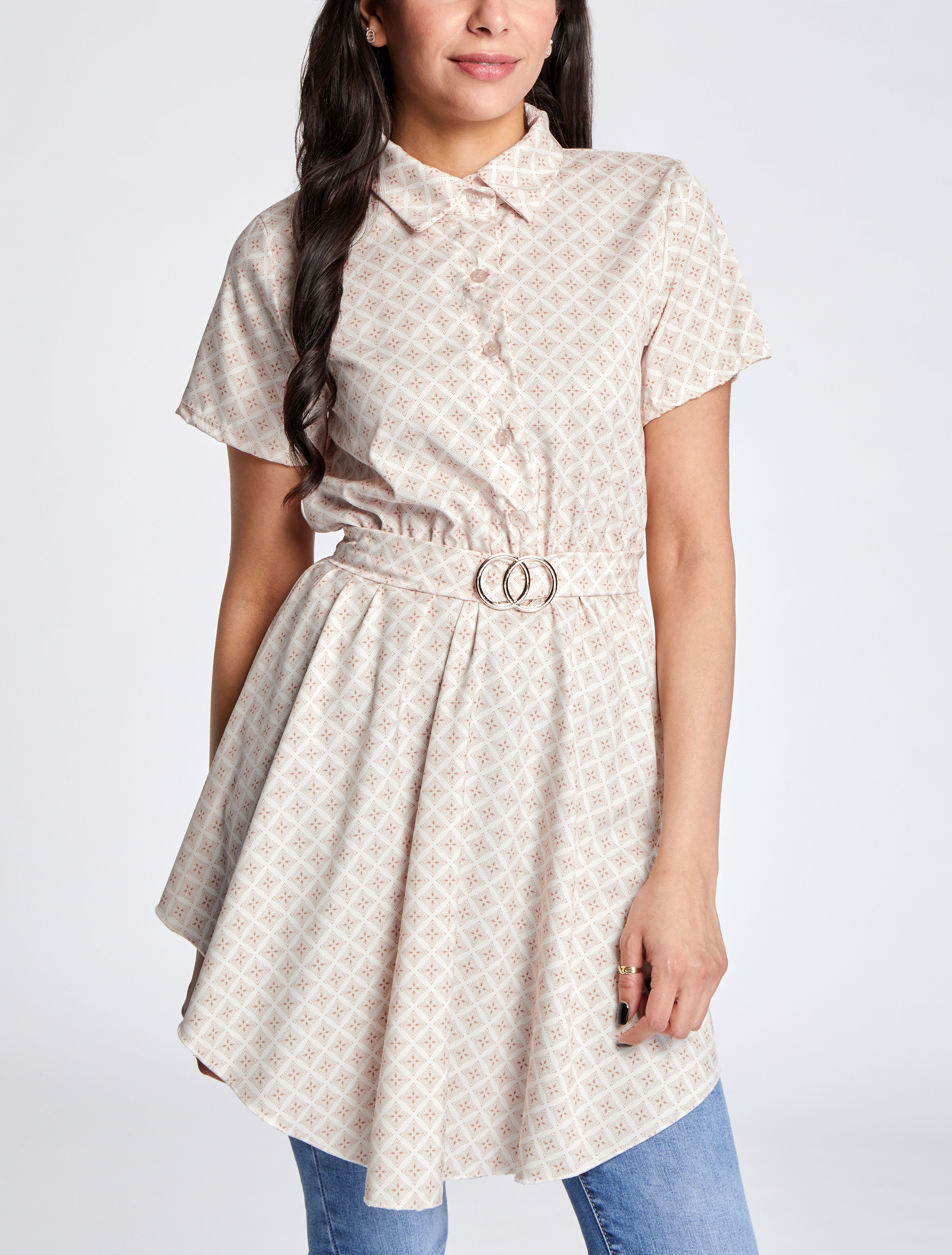 Tunique patineuse imprimé mosaïque à boucle dorée - Beige - 4