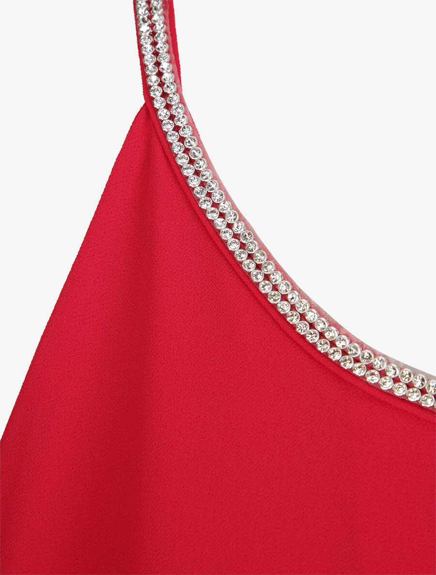 Top en voile orné de strass - Rouge - 3