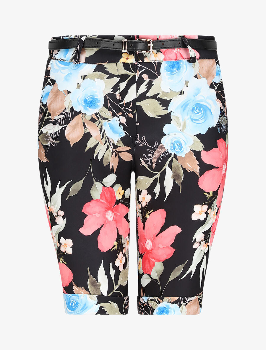Bermuda à ourlets imprimé roses - Noir - 1