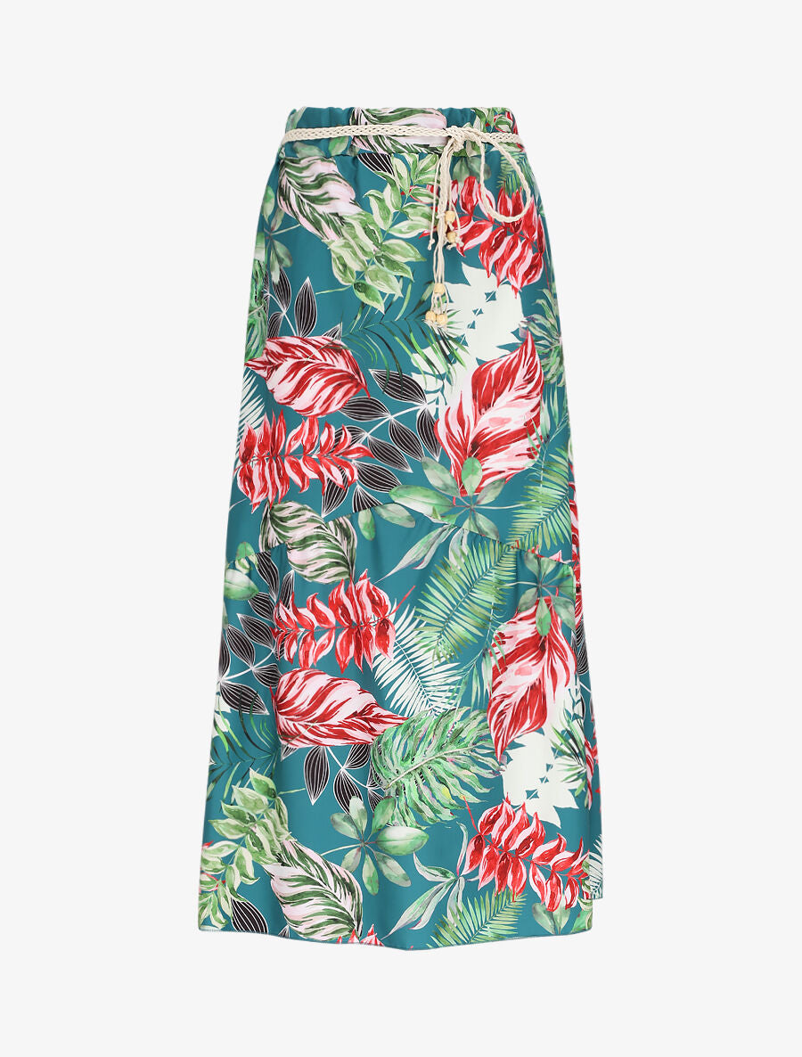 Jupe mi-longue à couture en V imprimé tropical - Bleu canard - 1