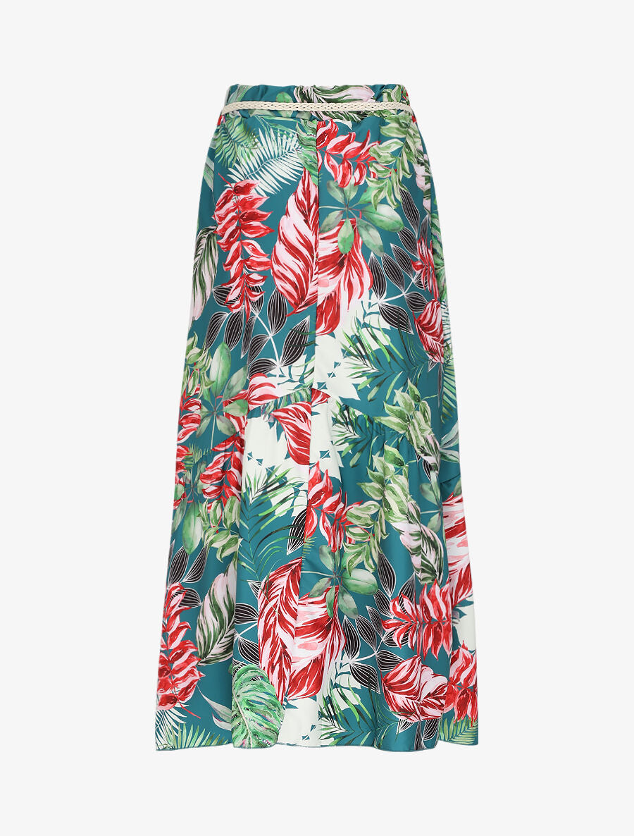 Jupe mi-longue à couture en V imprimé tropical - Bleu canard - 2