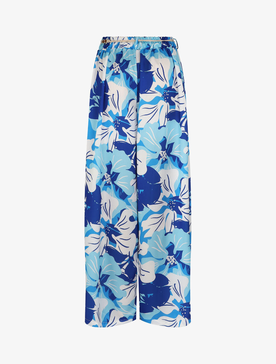 Pantalon ample satiné imprimé hibiscus - Bleu - 2