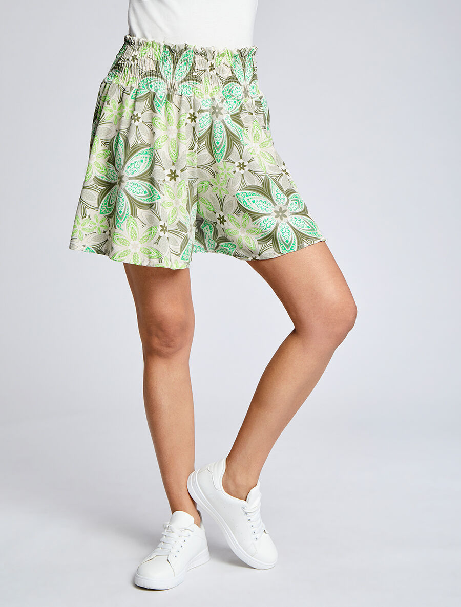 Short fluide évasé à imprimé fleurs stylisées - Kaki - 4