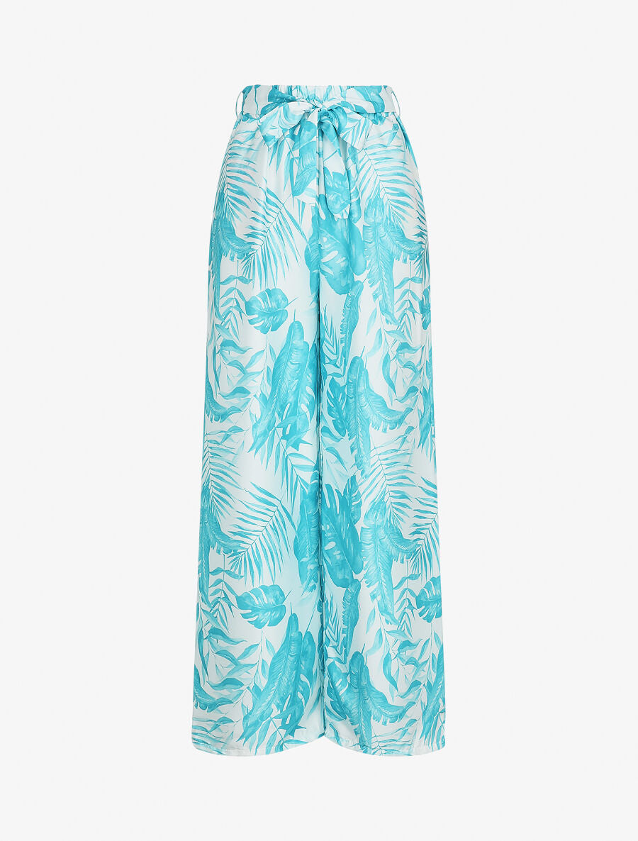 Pantalon satiné imprimé tropical - Turquoise - 4