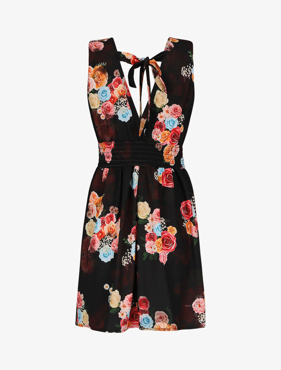 Robe col V à imprimé floral - Noir - 2