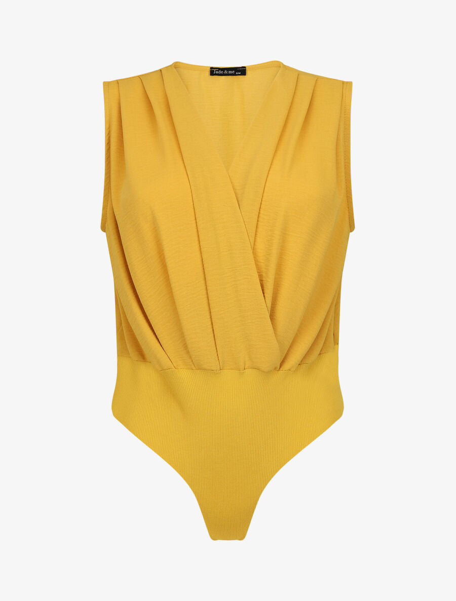 Body bi-matière à col cache-coeur - Jaune - 1