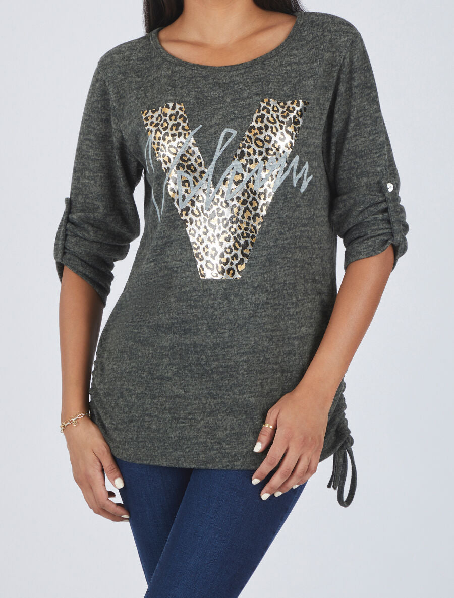 Pull ample à flocage V léopard - Vert olive - 4