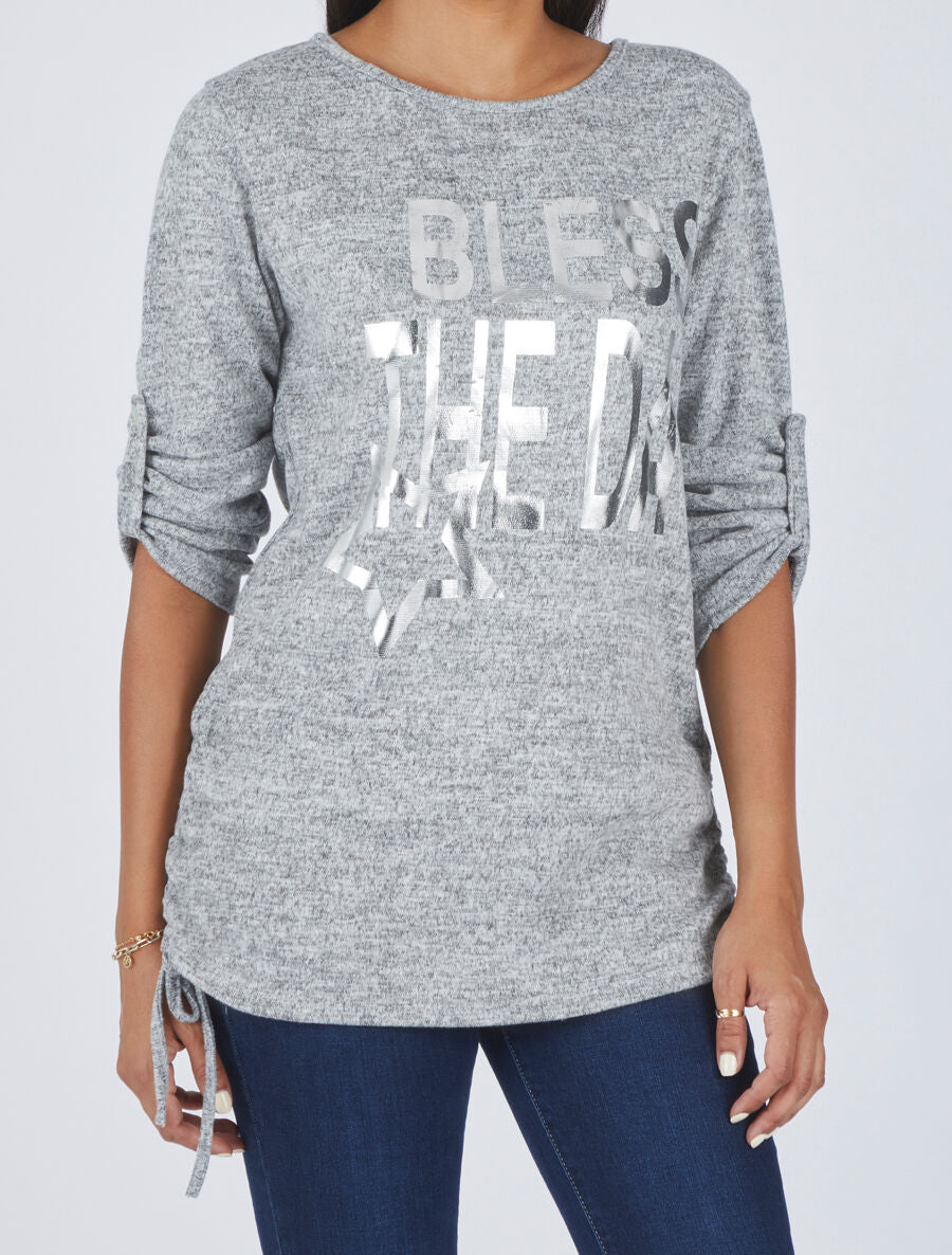 Pull ample à flocage Bless the da - Gris chiné - 4