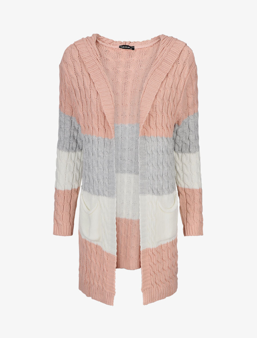 Gilet rayé à capuche - Rose - 1