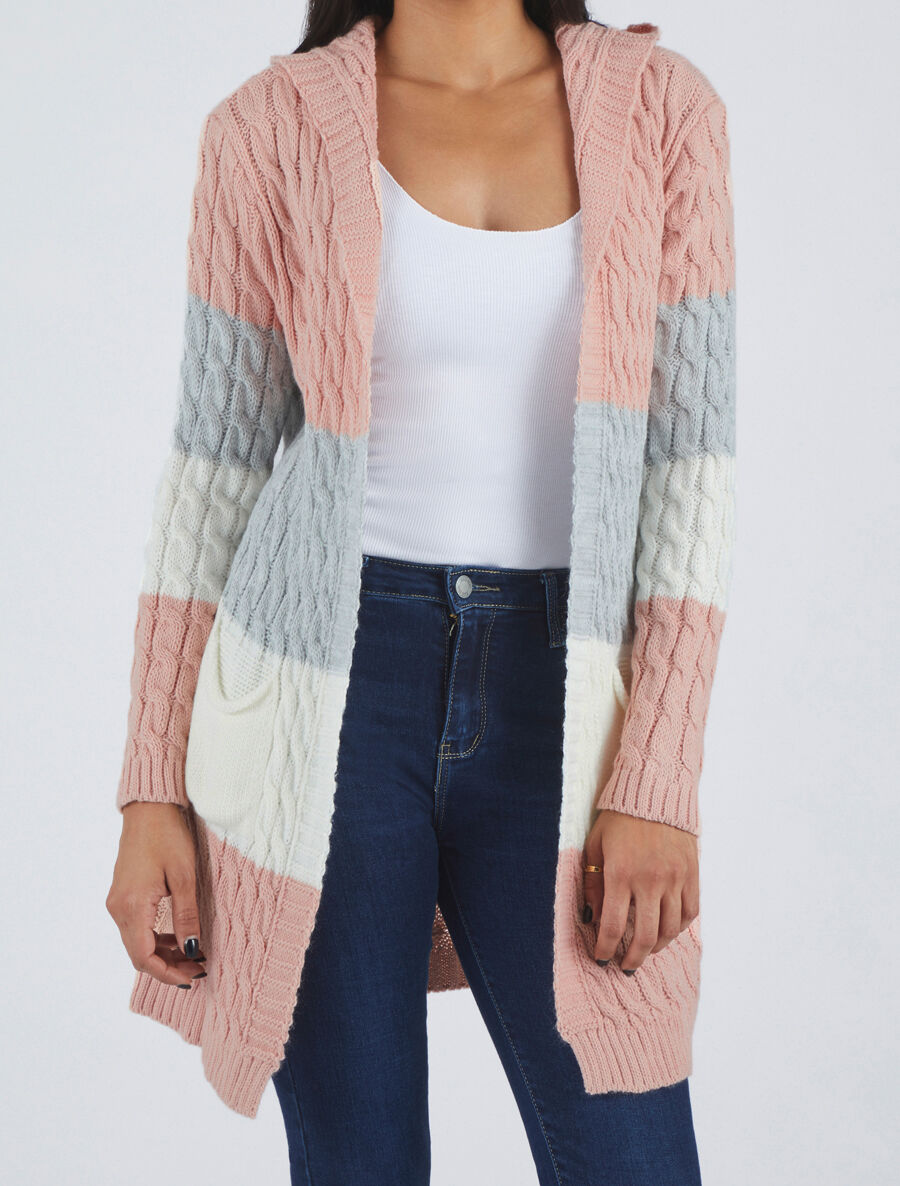 Gilet rayé à capuche - Rose - 4