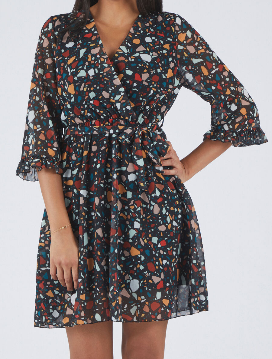 Robe cache-coeur à manches transparentes imprimé graphique - Noir - 4