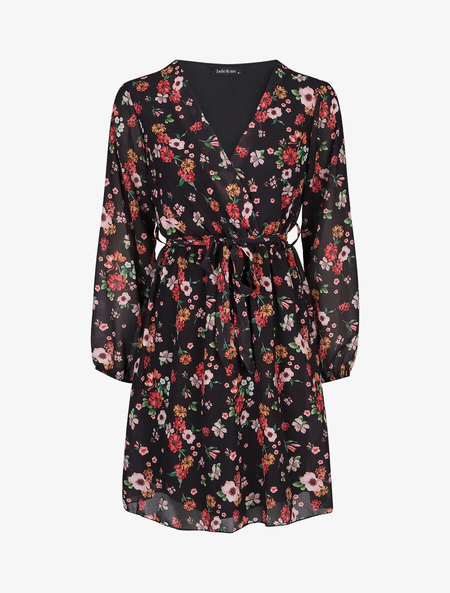 Robe mi-longue taille élastiquée imprimé petites fleurs - Noir - 5
