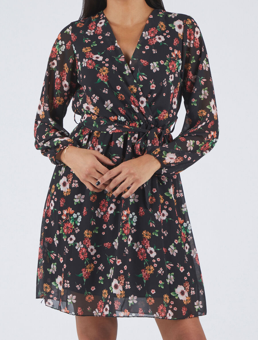 Robe mi-longue taille élastiquée imprimé petites fleurs - Noir - 4