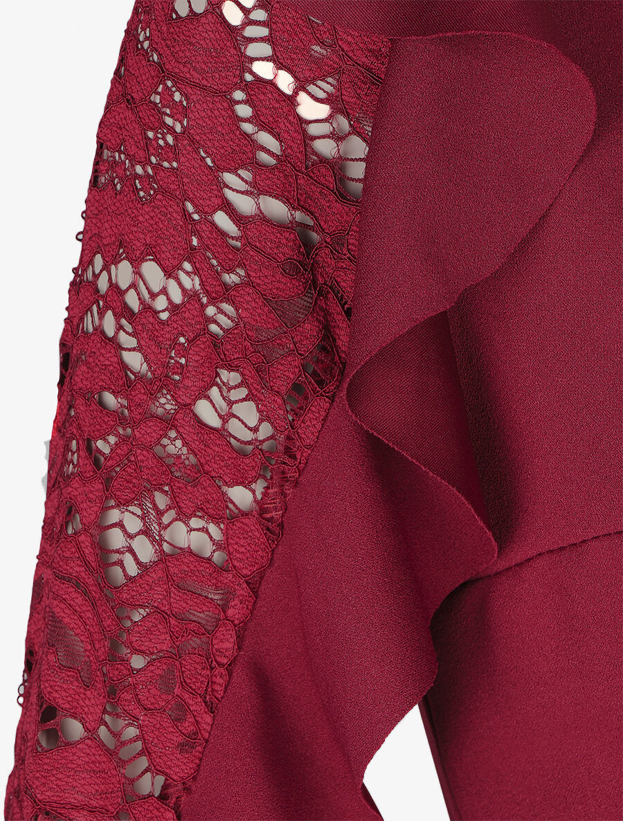 Robe unie à manches longues volantées en dentelle - Bordeaux - 3