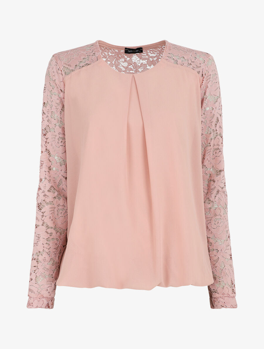 Top droit à manches en dentelle - Rose - 1