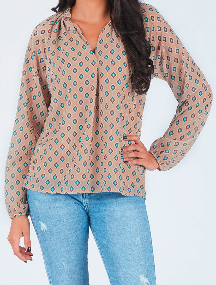 Blouse vaporeuse à imprimé rétro - Beige - 4