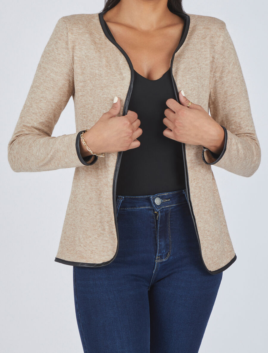 Gilet uni à liseré texturé - Beige - 4
