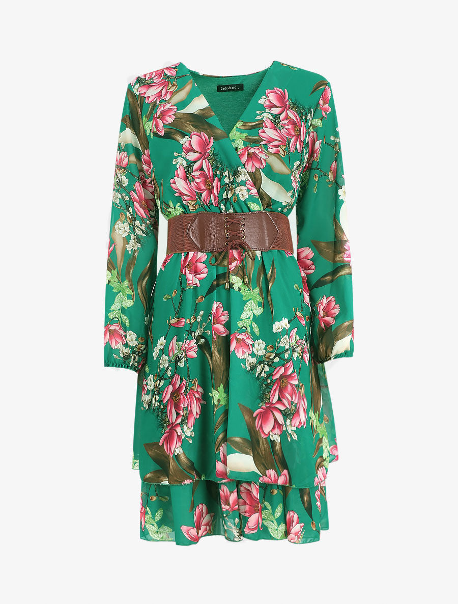 Robe col cache-coeur imprimé floral - Vert - 1