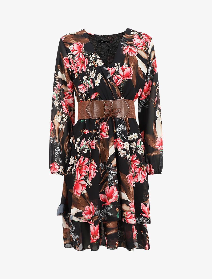 Robe col cache-coeur imprimé floral - Noir - 1