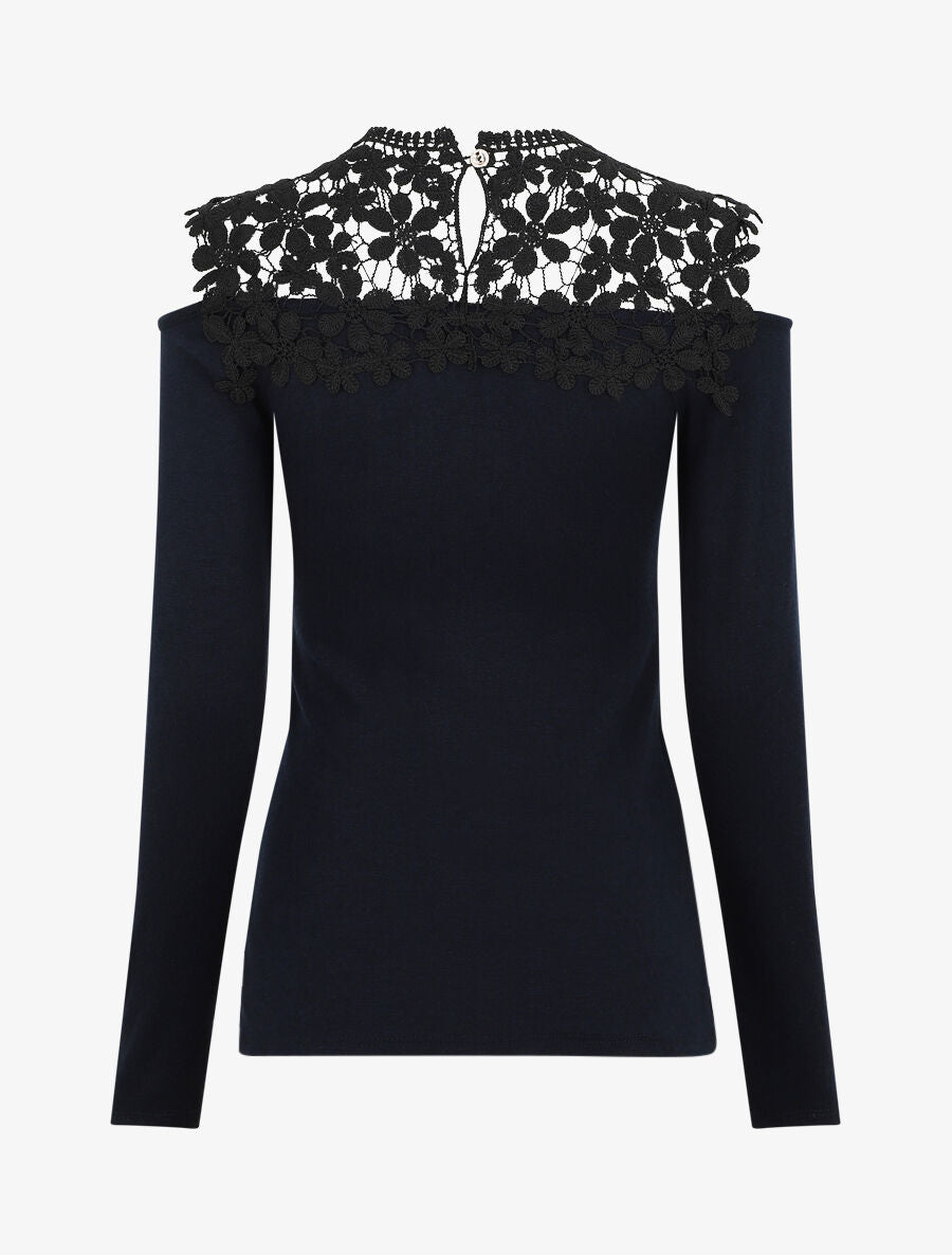 Pull à épaules ajourées en crochet - Bleu nuit - 2