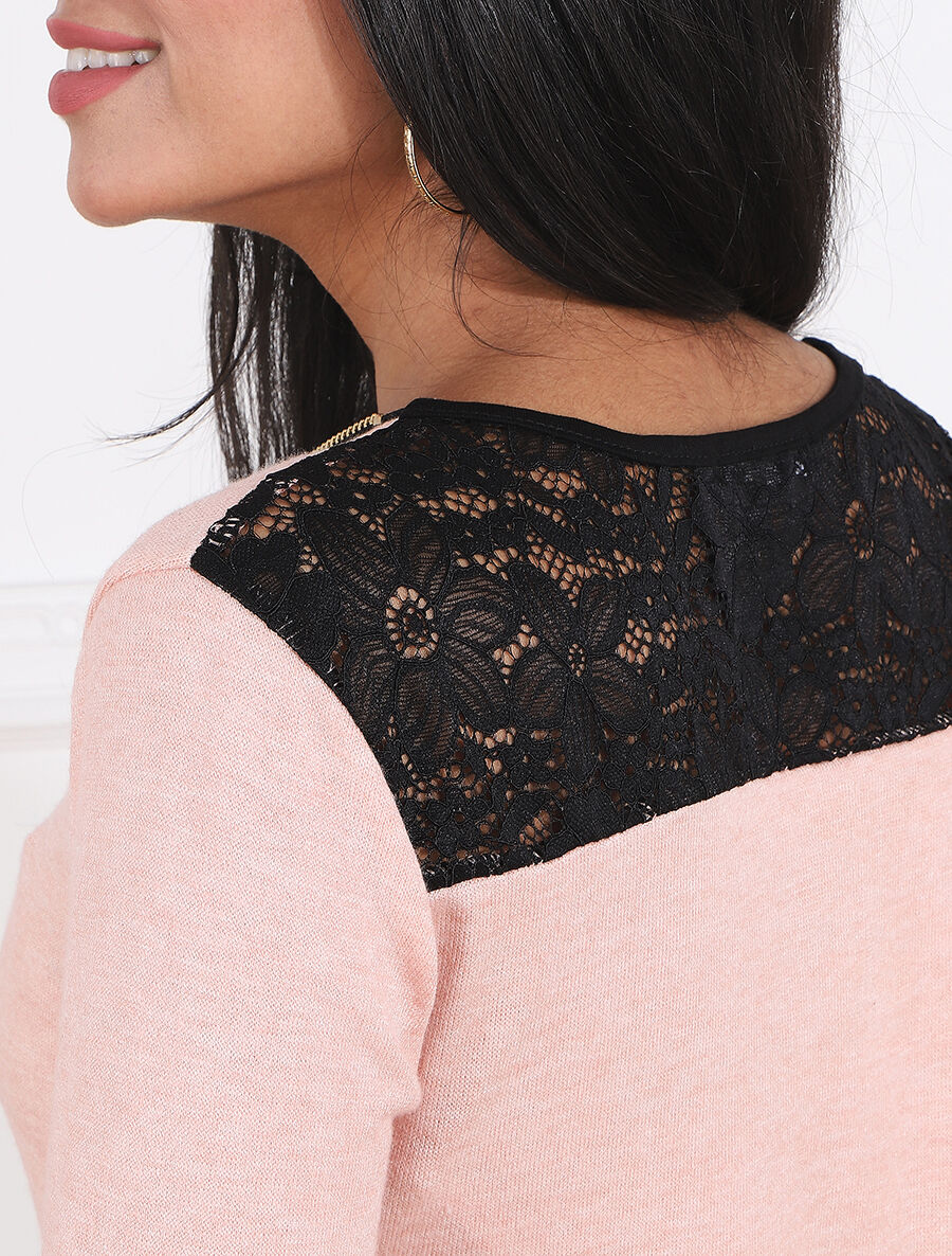 Pull à manches retroussables et dentelle - Rose - 6