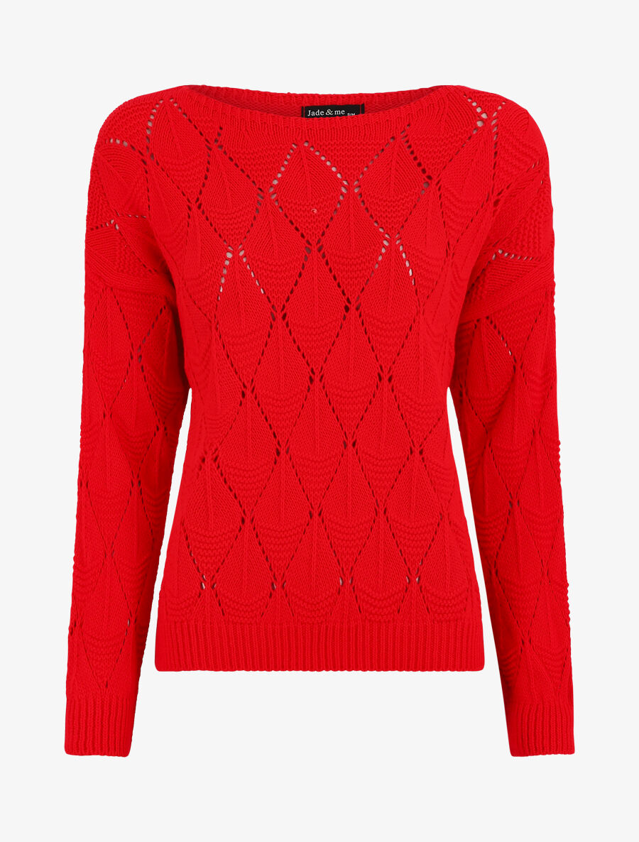 Pull uni en maille ajourée - Rouge - 4