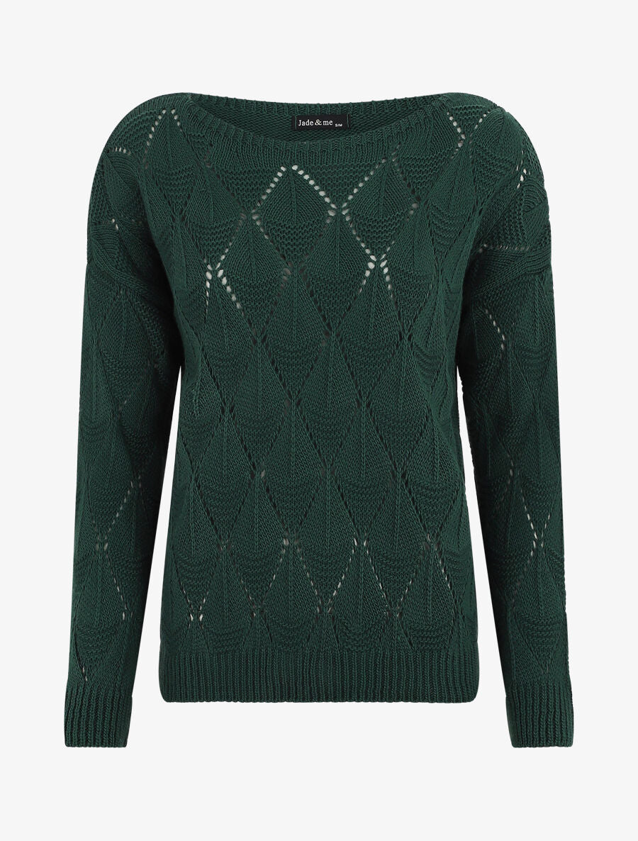 Pull uni en maille ajourée - Vert sapin - 4