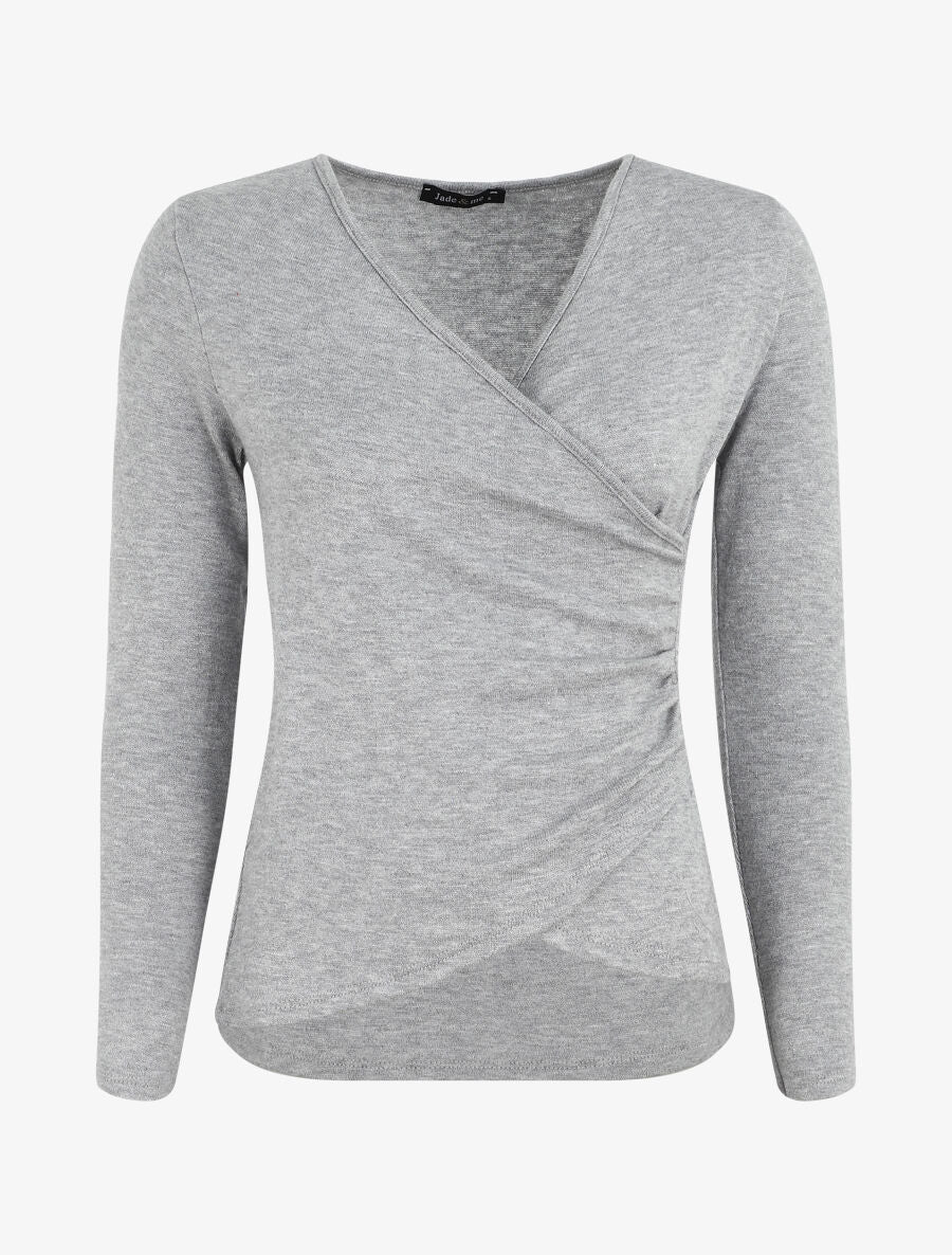Pull fin à encolure cache-coeur et effet drapé - Gris - 1