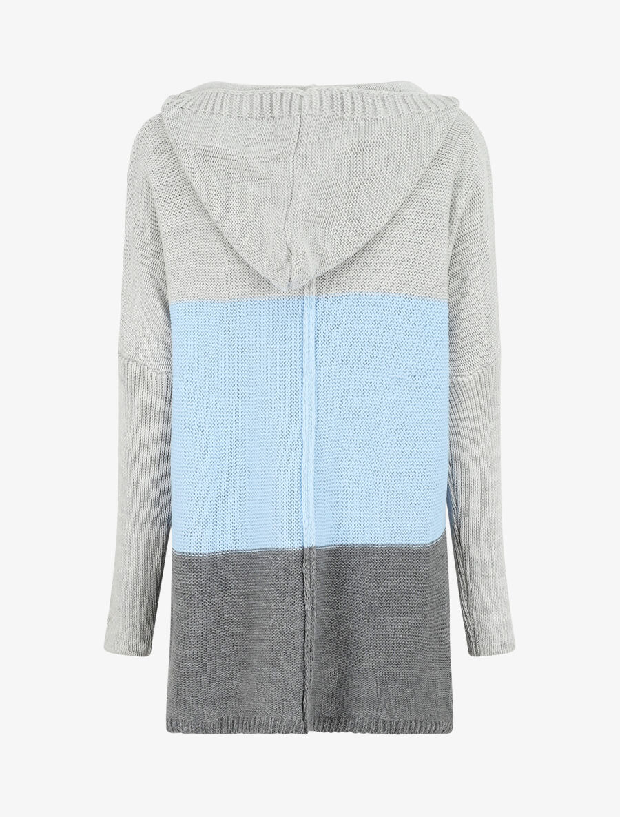 Gilet mi-long rayé à capuche - Bleu ciel/gris - 2