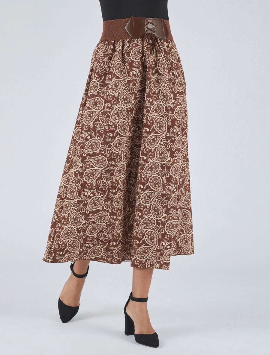 Jupe longue imprimé cachemire à taille haute - Marron - 4