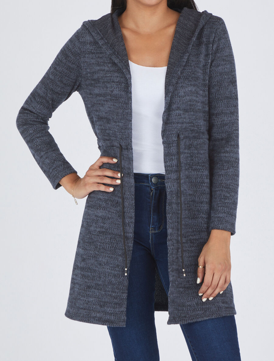 Gilet mi-long à capuche et liens - Bleu - 4